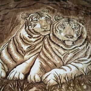 Vintage Queen Tiger Animal Plush Acrylic Korean Mink Reversible Blanket Sz 89x77